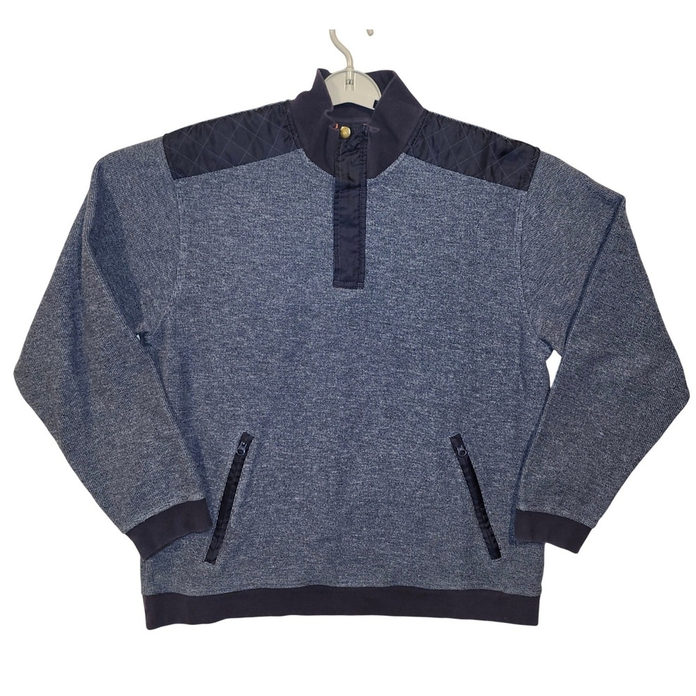 Orvis Mens Blue Quarter Snap Pullover Quilted Shoulder Pocket Sweater 2SF3 L